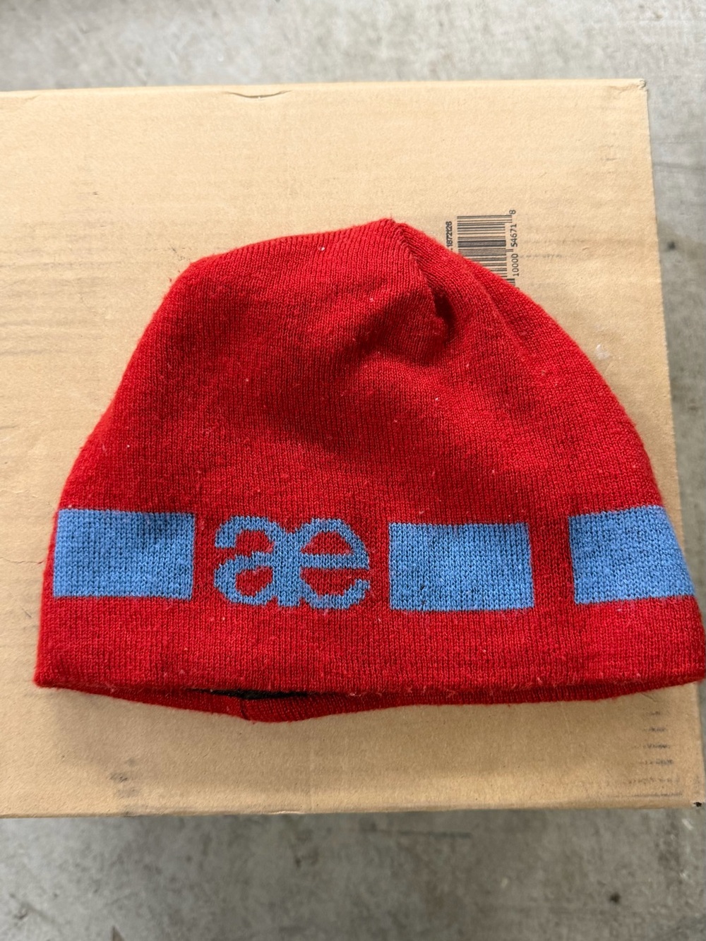 American Eagle Outfitters Kids Red Beanie with Blue Logo Stripe